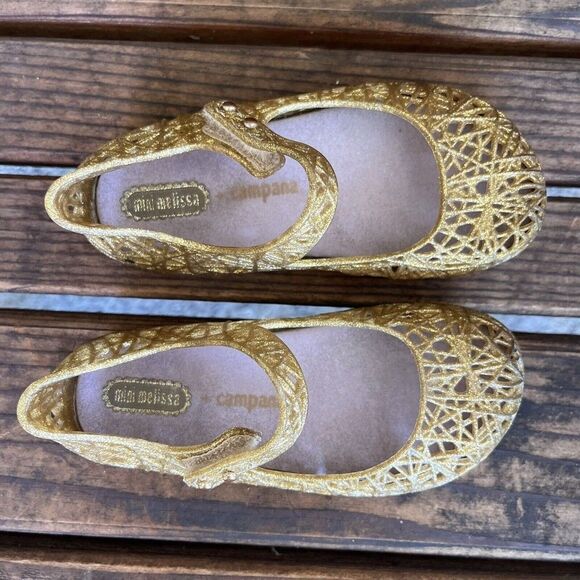 Mini Melissa + Campana Gold Glitter Zig Zag Mary Jane Shoes Toddler Girls Size 9 - Picture 10 of 12